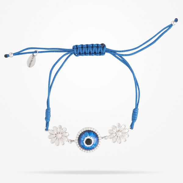 MARVVA - 10.5mm Daisy Junior Urban Bracelet,Blue Evil Eye, Diamond, White Gold 18K