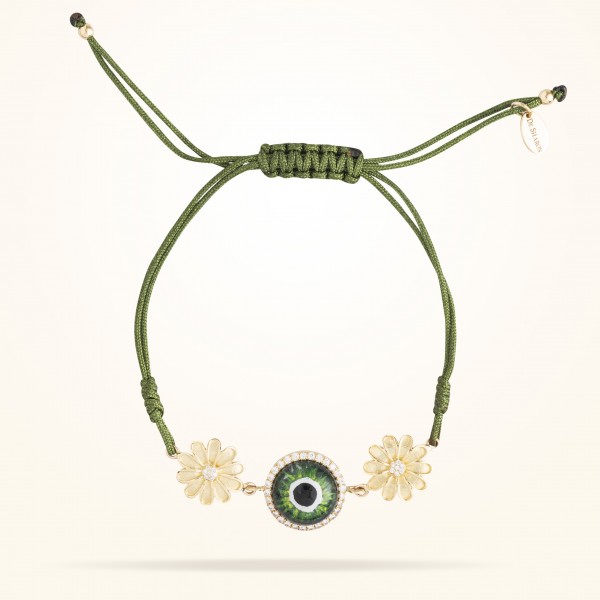 MARVVA - 10.5mm Daisy Junior Urban Bracelet,Green Evil Eye, Diamond, Yellow Gold 18K