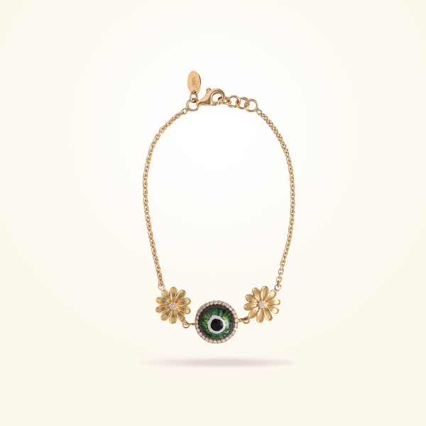 MARVVA - 10.5mm Daisy Urban Bracelet Green Evil Eye, Diamond, Yellow Gold 18K