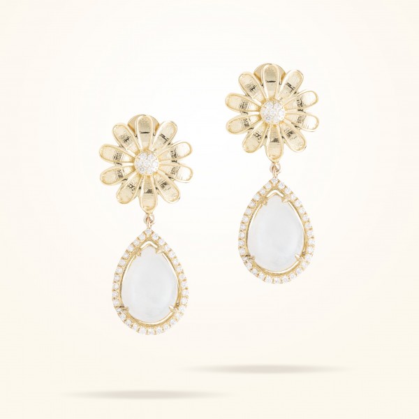 MARVVA - 13mm Daisy Sofia Moonstone Earrings, Diamond, Yellow Gold 18K