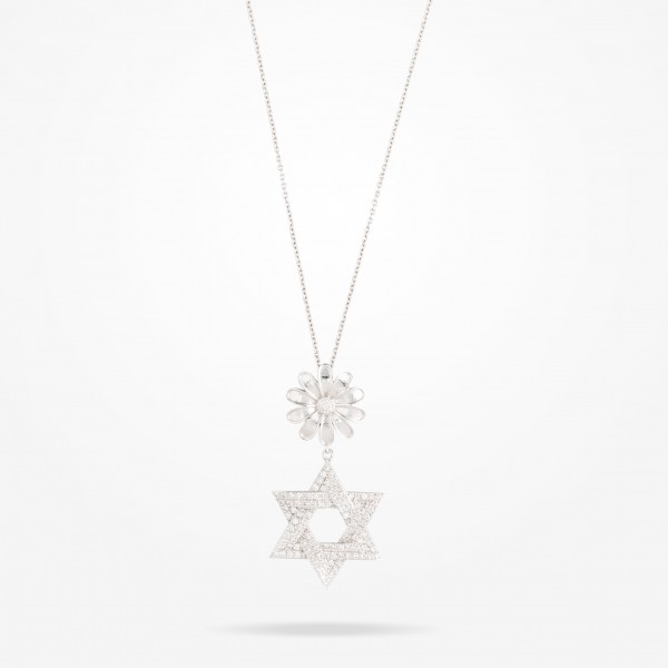 MARVVA - 13mm Daisy Spiritual "Star of David" Pendant, Diamond, White Gold 18K