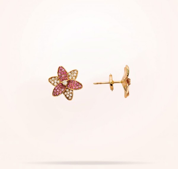 16mm Lily Earrings, Pink Sapphire, Diamond, Rose Gold 18k. - Thumbnail