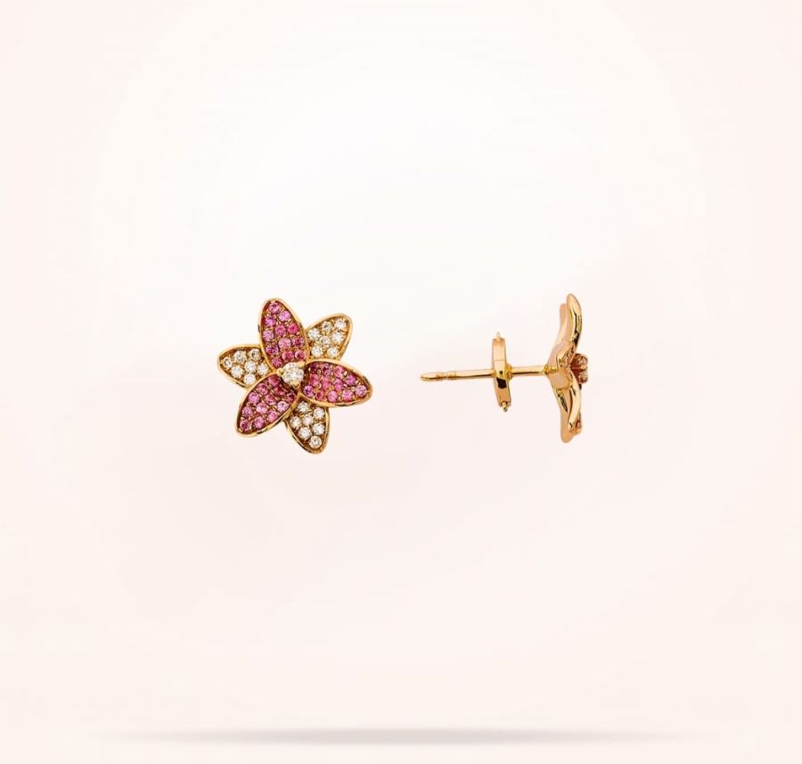 16mm Lily Earrings, Pink Sapphire, Diamond, Rose Gold 18k.