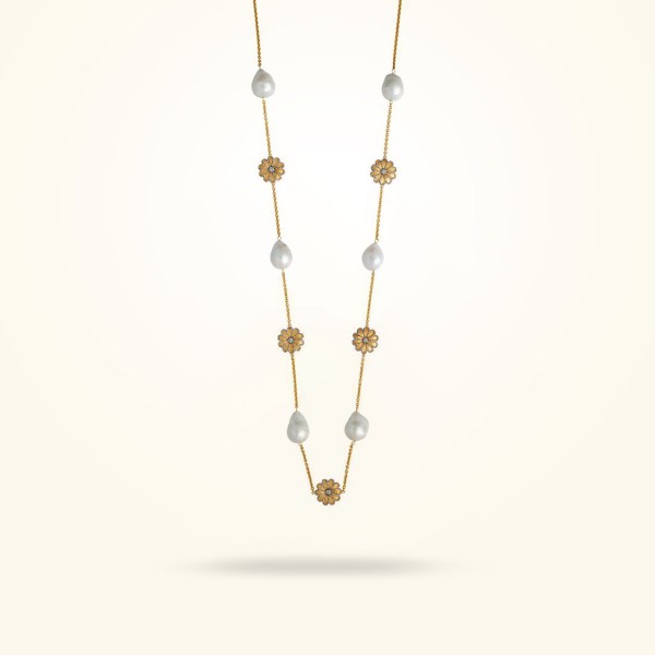 MARVVA - 17.15mm Daisy Sultana Long Necklace, Pearl, Diamond, Antique Yellow Gold 18k.