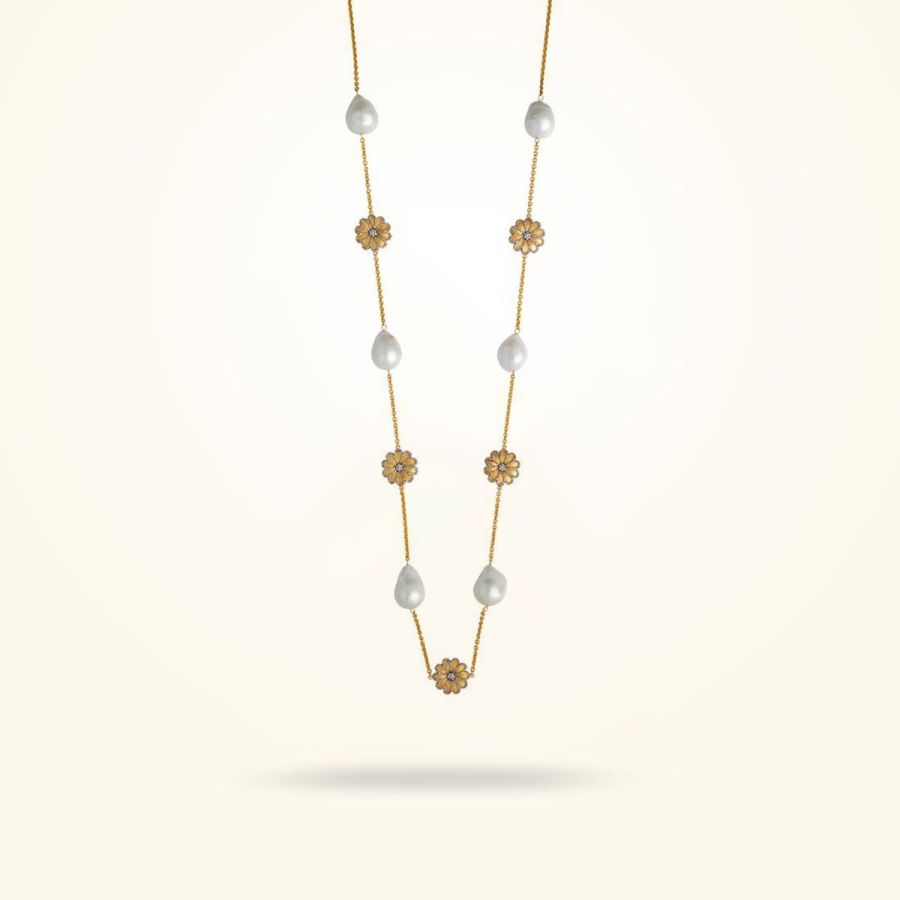 17.15mm Daisy Sultana Long Necklace, Pearl, Diamond, Antique Yellow Gold 18k.