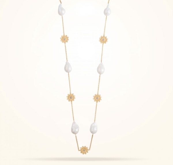MARVVA - 16mm Daisy Sultana Long Necklace, Pearl, Diamond, Antique Yellow Gold 18K