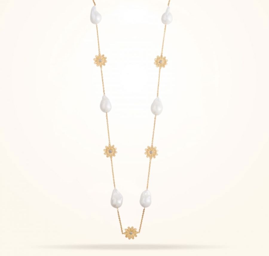 16mm Daisy Sultana Long Necklace, Pearl, Diamond, Antique Yellow Gold 18K