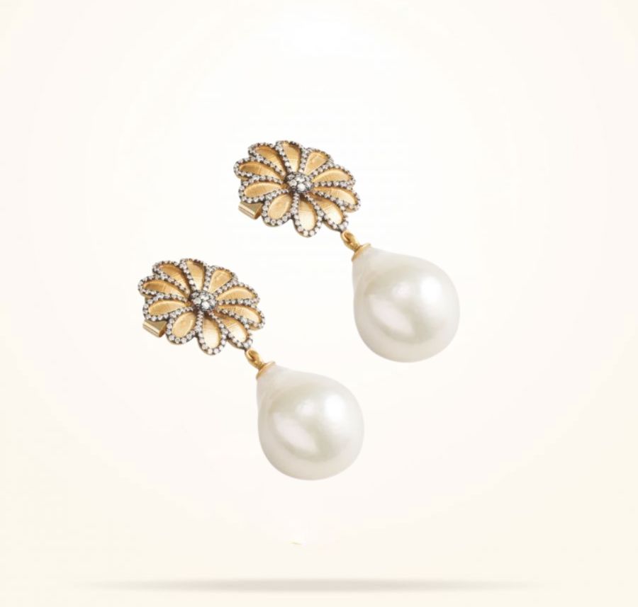 17.15mm Daisy Sultana Earrings, Pearl, Diamond, Antique Yellow Gold 18K
