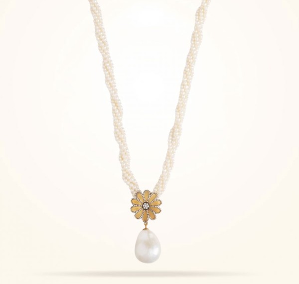 MARVVA - 17.15mm Daisy Sultana Pearl Necklace, Pearl, Diamond, Antique Yellow Gold 18K