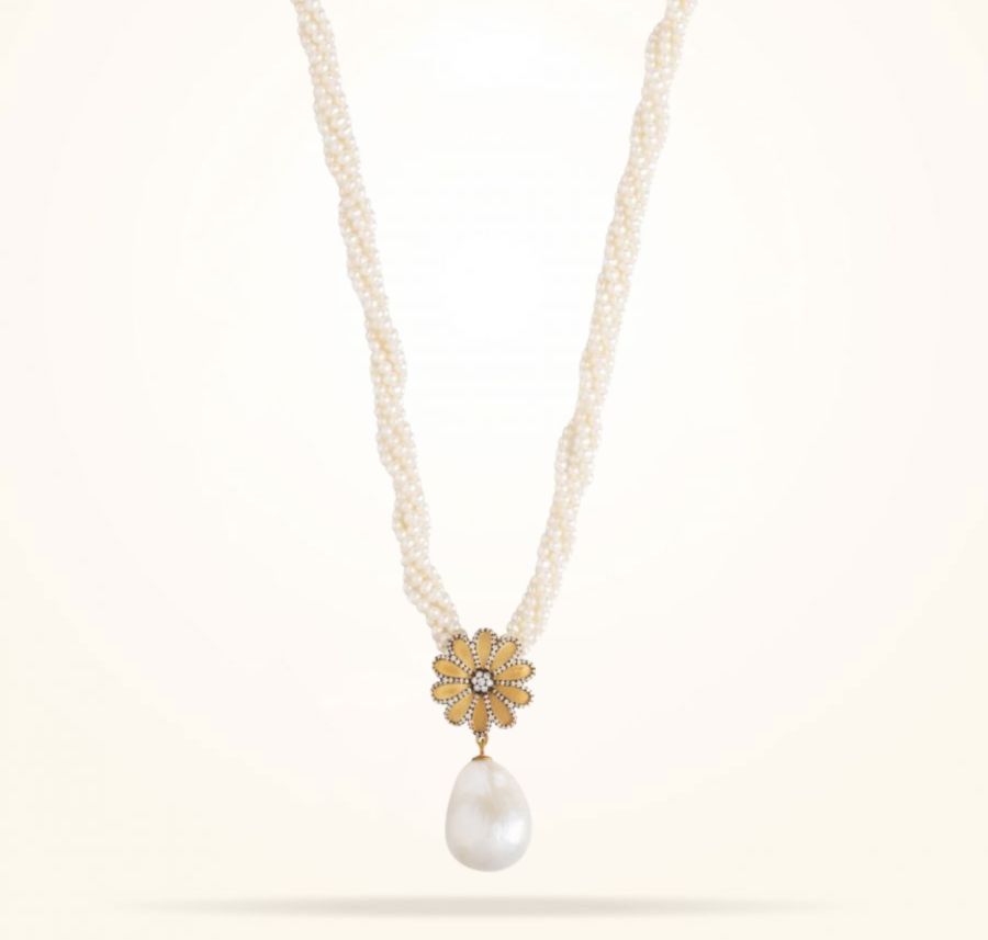 17.15mm Daisy Sultana Pearl Necklace, Pearl, Diamond, Antique Yellow Gold 18K
