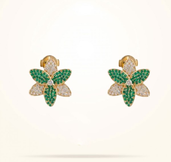 MARVVA - 22mm Lily Earrings, Emerald Stones, Diamond, Yellow Gold 18k.