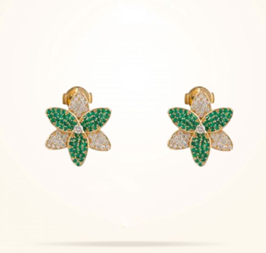 22mm Lily Earrings, Emerald Stones, Diamond, Yellow Gold 18k.