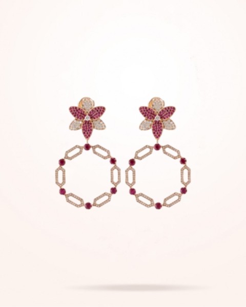 MARVVA - 22mm Lily Earrings, Ruby Stones, Diamond, Rose Gold18k