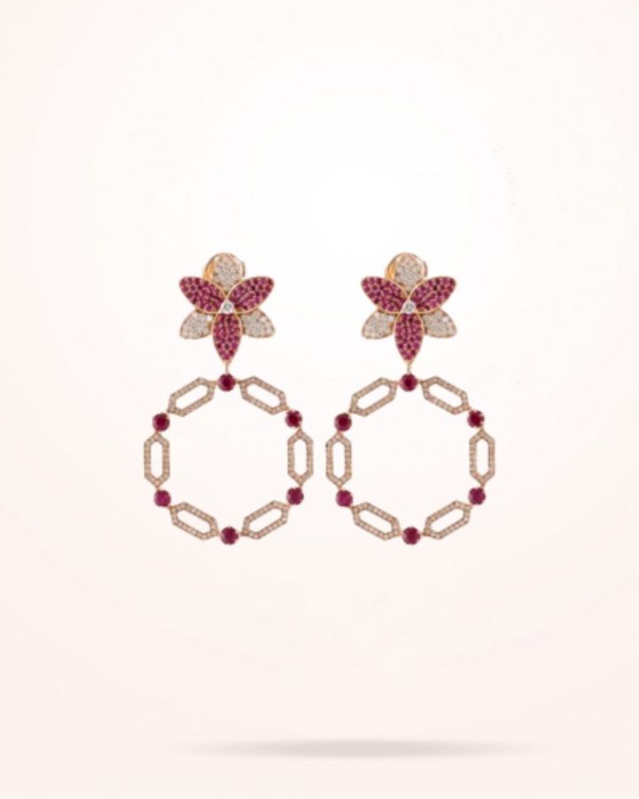 22mm Lily Earrings, Ruby Stones, Diamond, Rose Gold18k