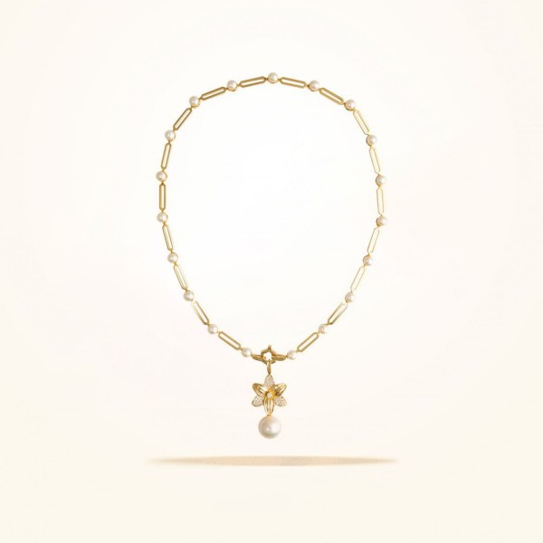 MARVVA - 22mm Lily Necklace, Diamond, Pearls, Yellow Gold 18k