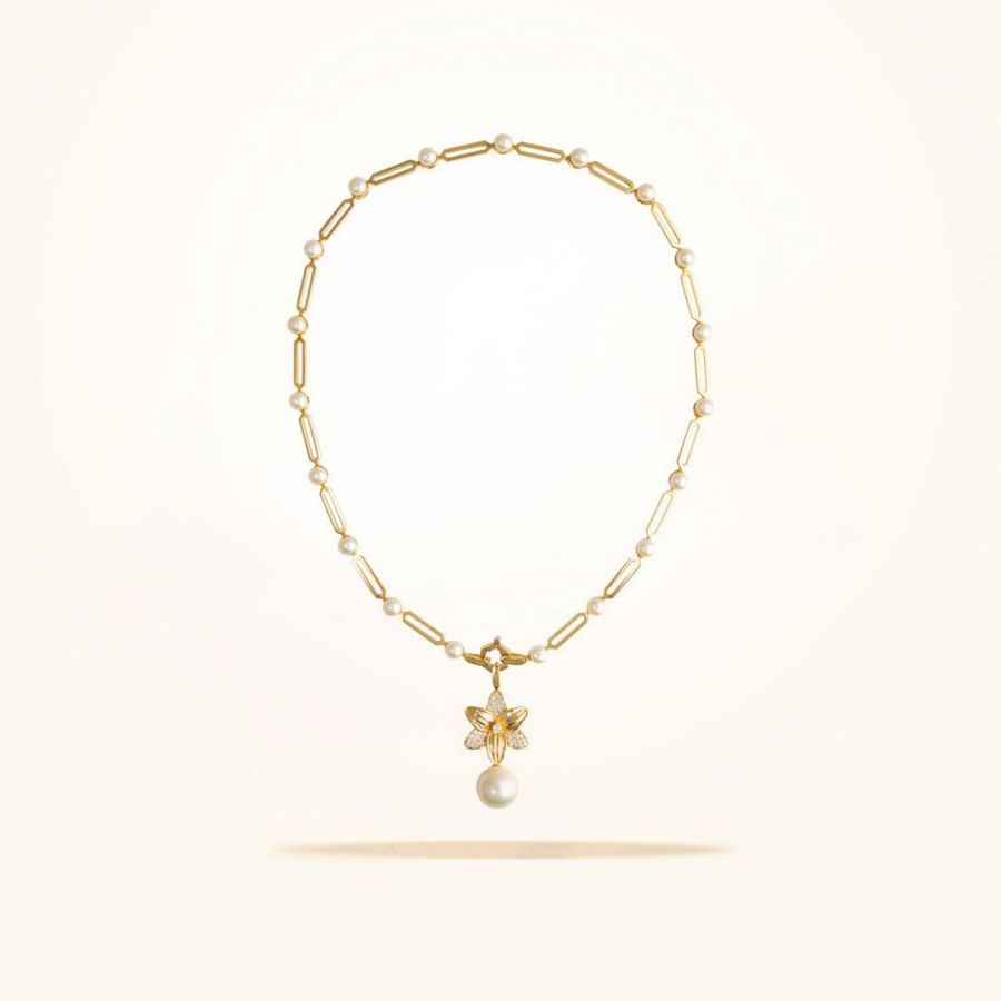 22mm Lily Necklace, Diamond, Pearls, Yellow Gold 18k