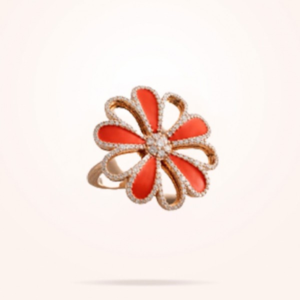 MARVVA - 28mm Daisy Reflection Ring, Coral Enamel, Diamond, Rose Gold 18K