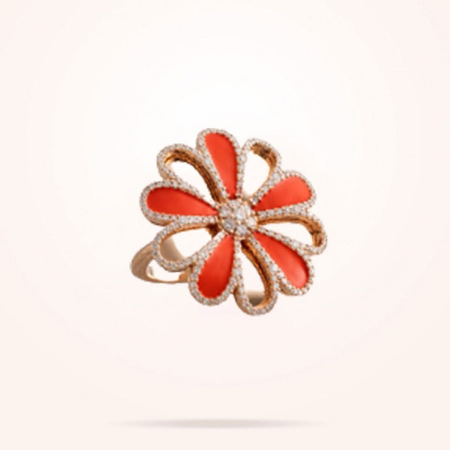 28mm Daisy Reflection Ring, Coral Enamel, Diamond, Rose Gold 18K