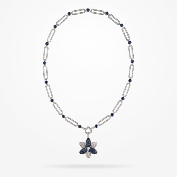 MARVVA - 28mm Lily Necklace, Ring, Sapphire Stones, Diamond, White Gold 18k