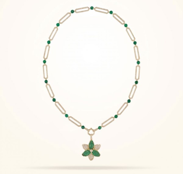 MARVVA - 28mm Lily Necklace, Emerald Stones, Diamond, Yellow Gold 18k.