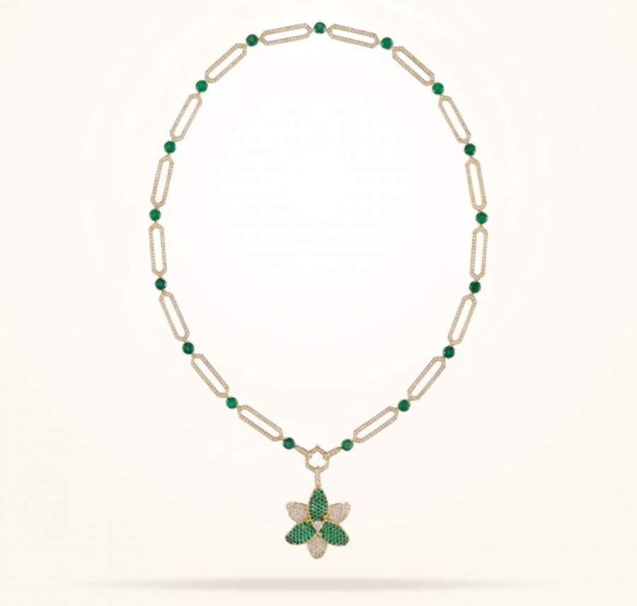 28mm Lily Necklace, Emerald Stones, Diamond, Yellow Gold 18k.