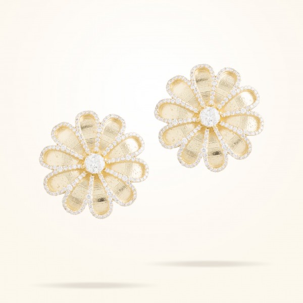 MARVVA - 28.5mm Daisy Premier Earrings with One Stone Center Diamond, Diamond, Yellow Gold 18K