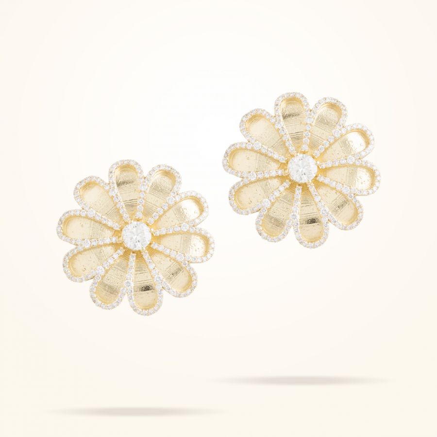 28.5mm Daisy Premier Earrings with One Stone Center Diamond, Diamond, Yellow Gold 18K