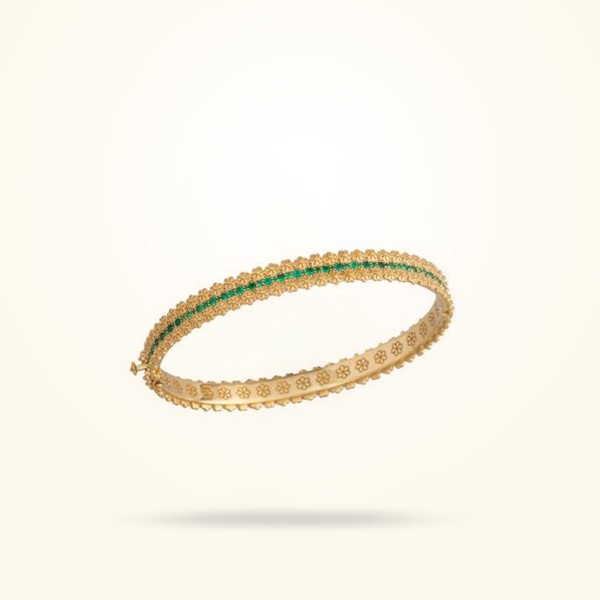 MARVVA - 3mm Daisy Bouquet Bangle, Emeralds Stones, Yellow Gold 18k.