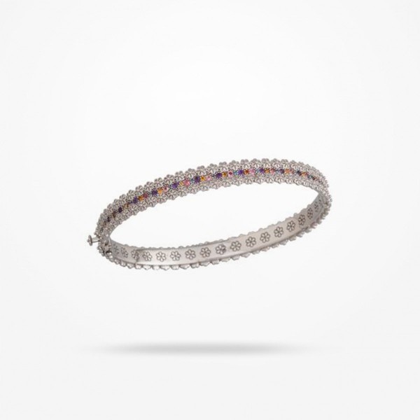 MARVVA - 3mm Daisy Bouquet Bangle, Multi Stones, White Gold 18k.