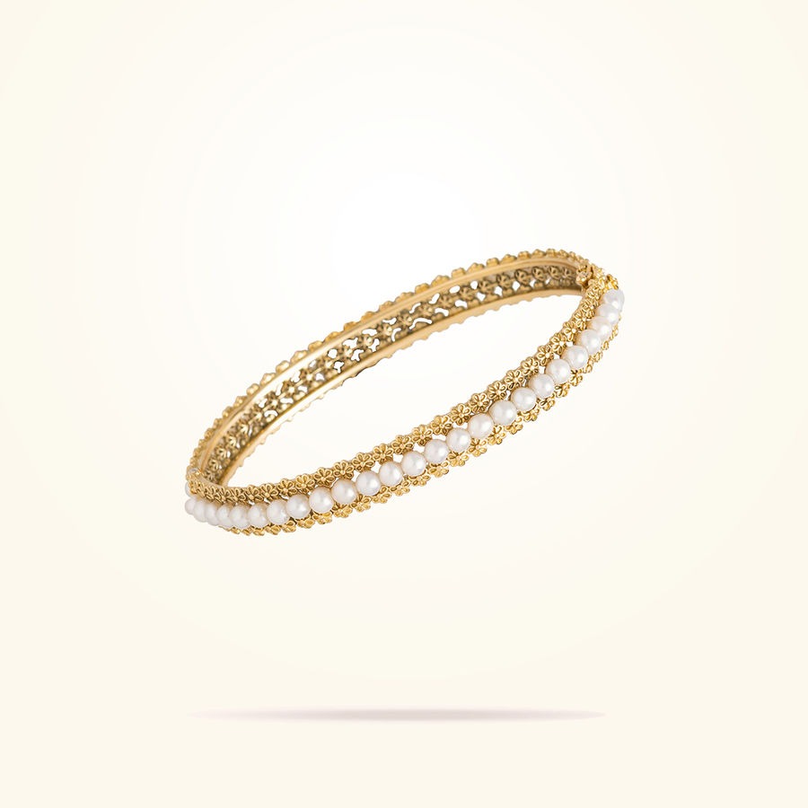 3mm Daisy Bouquet Bangle, Pearls, Yellow Gold 18K