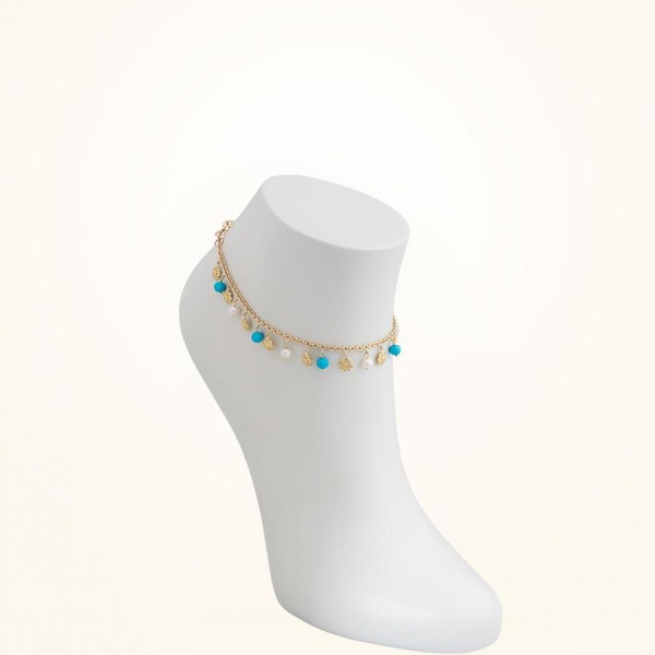 MARVVA - 6mm Daisy Bouquet Anklet, Pearls, Feyrouz, Yellow Gold 18k