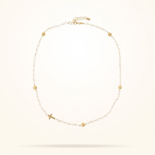MARVVA - 6mm Daisy Spiritual “Cross Rosary” Pendant, Pearls, Yellow Gold 18K.