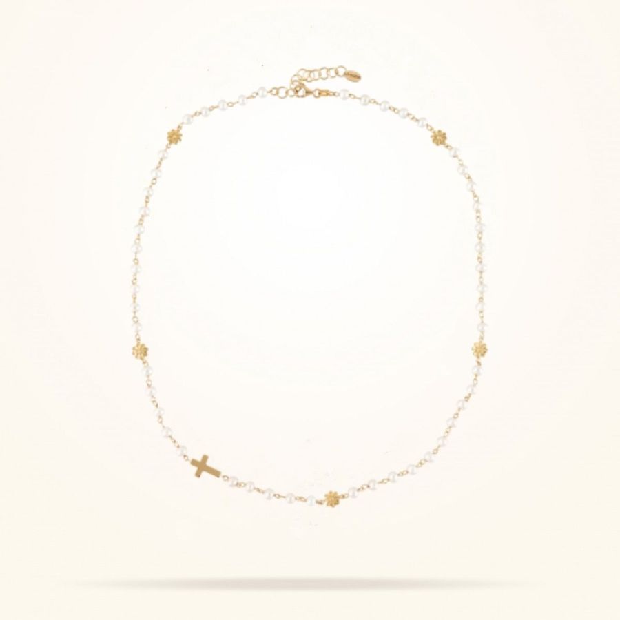 6mm Daisy Spiritual “Cross Rosary” Pendant, Pearls, Yellow Gold 18K.