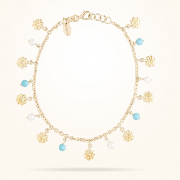 MARVVA - 6mm Daisy Bouquet Bracelet, Pearls, Feyrouz, Yellow Gold 18K