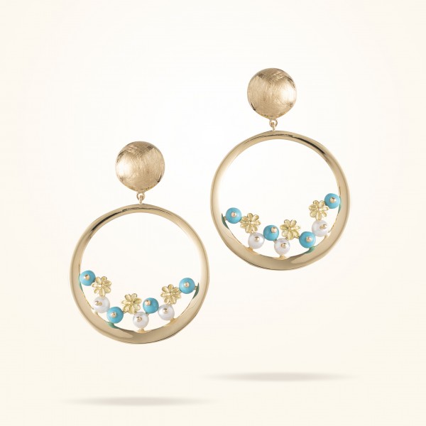 MARVVA - 4.4mm Daisy Bouquet Earrings, Pearls, Fayrouz , Yellow Gold 18K