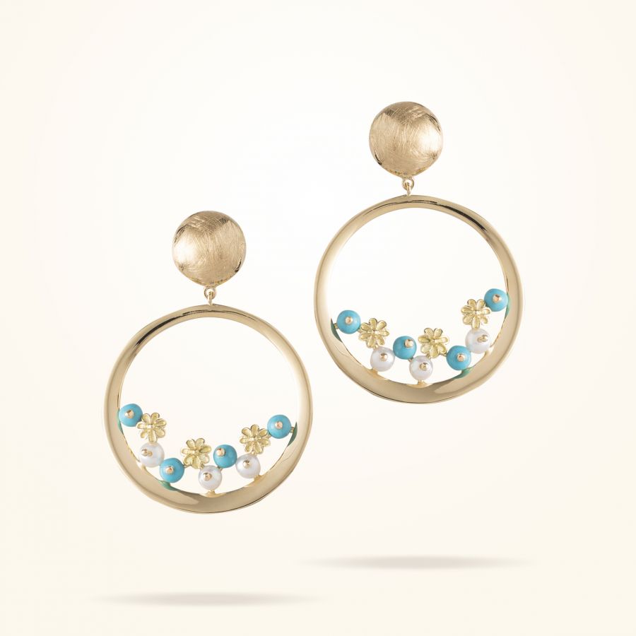 4.4mm Daisy Bouquet Earrings, Pearls, Fayrouz , Yellow Gold 18K