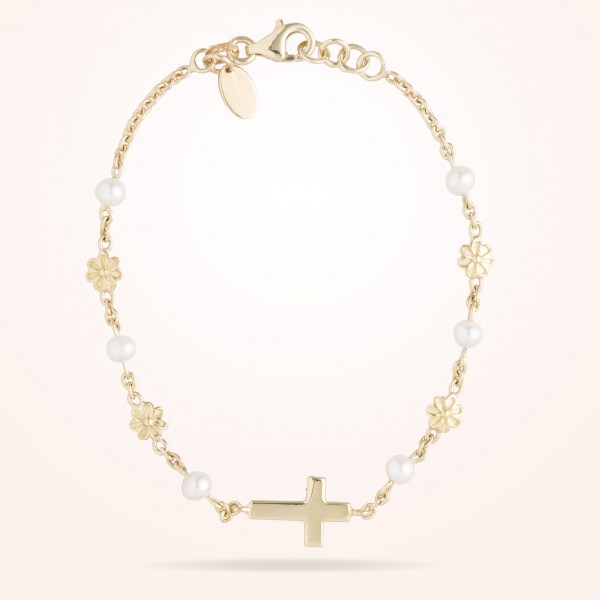 MARVVA - 6mm Daisy Junior Cross Bracelet, Pearls, Yellow Gold 18K