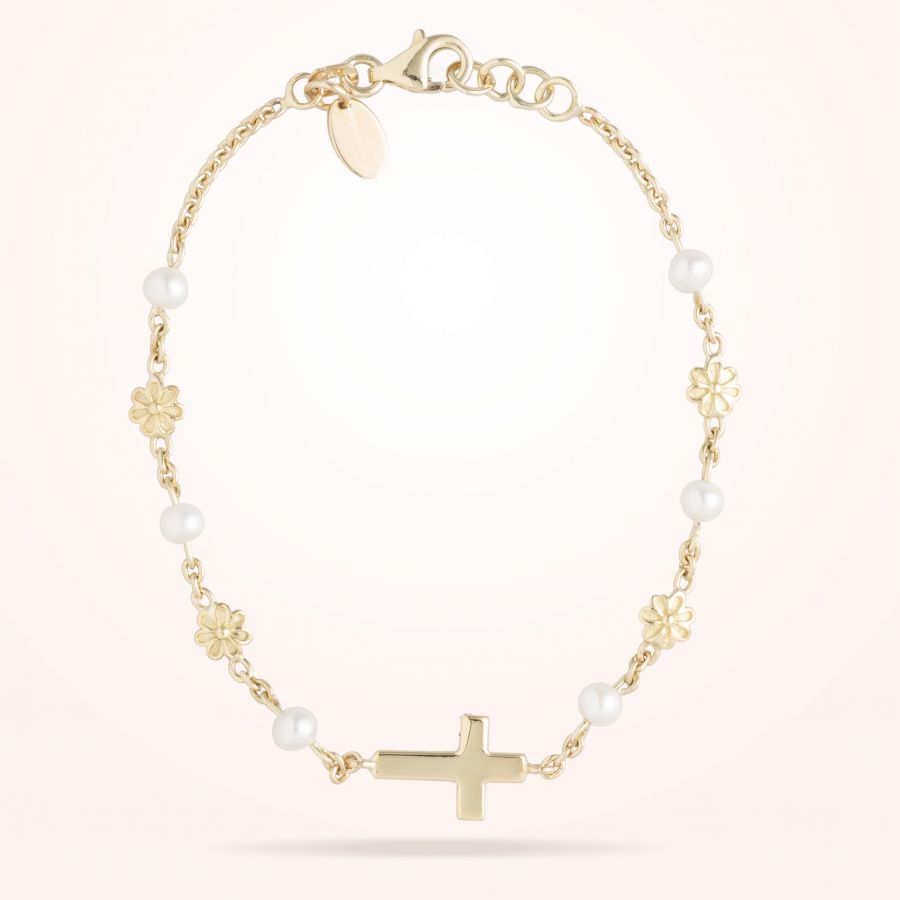 6mm Daisy Junior Cross Bracelet, Pearls, Yellow Gold 18K