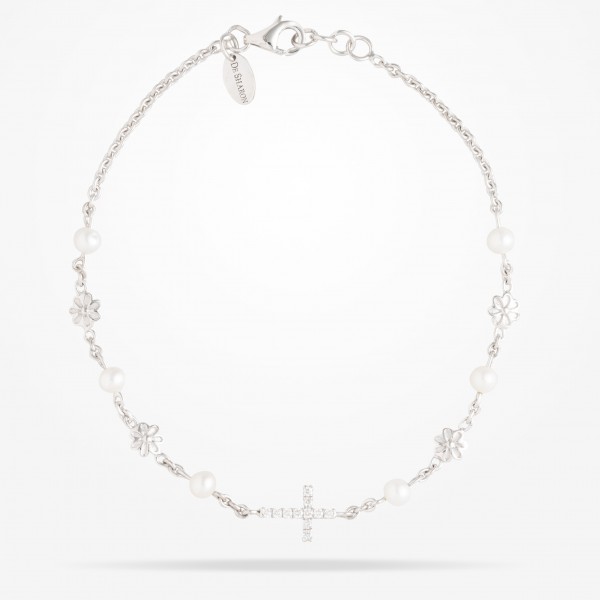 MARVVA - 6mm Daisy Spiritual Cross Bracelet, Pearl, Diamond, White Gold 18K