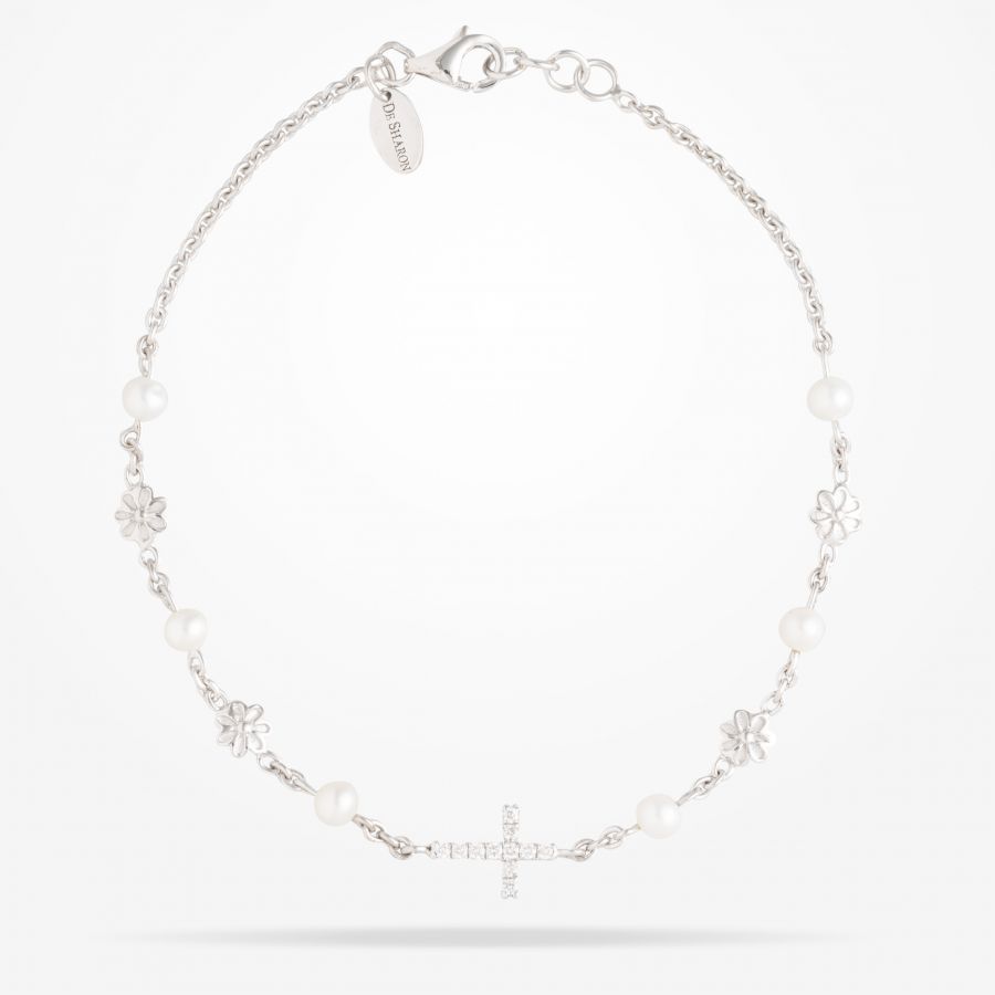 6mm Daisy Spiritual Cross Bracelet, Pearl, Diamond, White Gold 18K