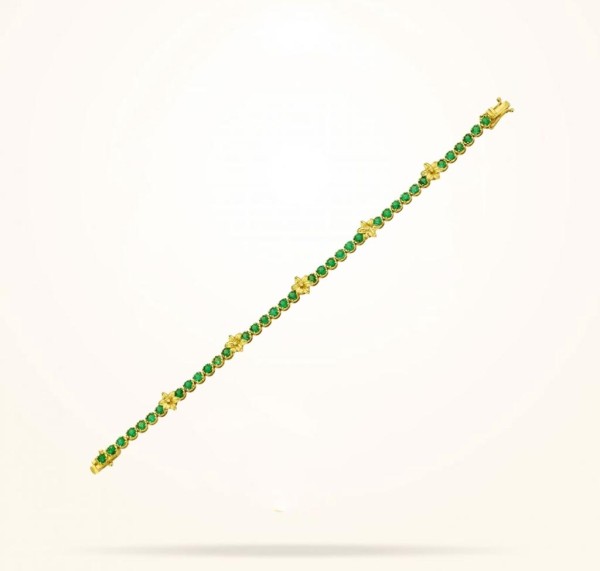 8mm Lily Bracelet, Emerald Stones, Diamond, Yellow Gold 18k. - Thumbnail