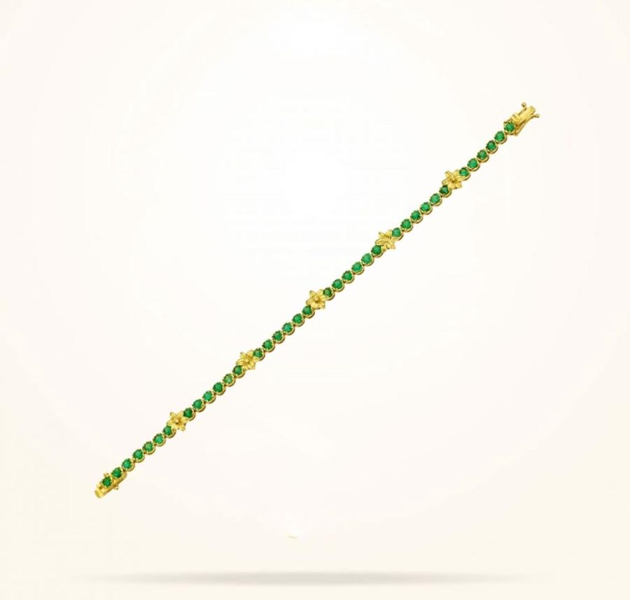 8mm Lily Bracelet, Emerald Stones, Diamond, Yellow Gold 18k.