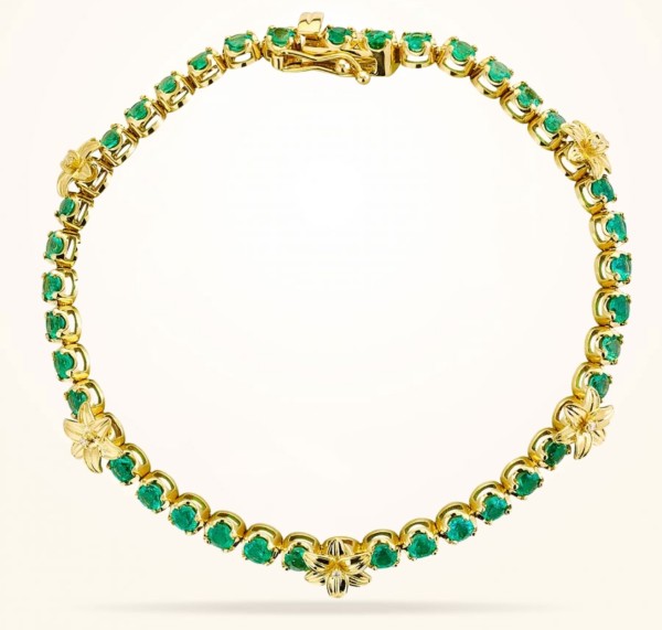 8mm Lily Bracelet, Emerald Stones, Diamond, Yellow Gold 18k. - Thumbnail