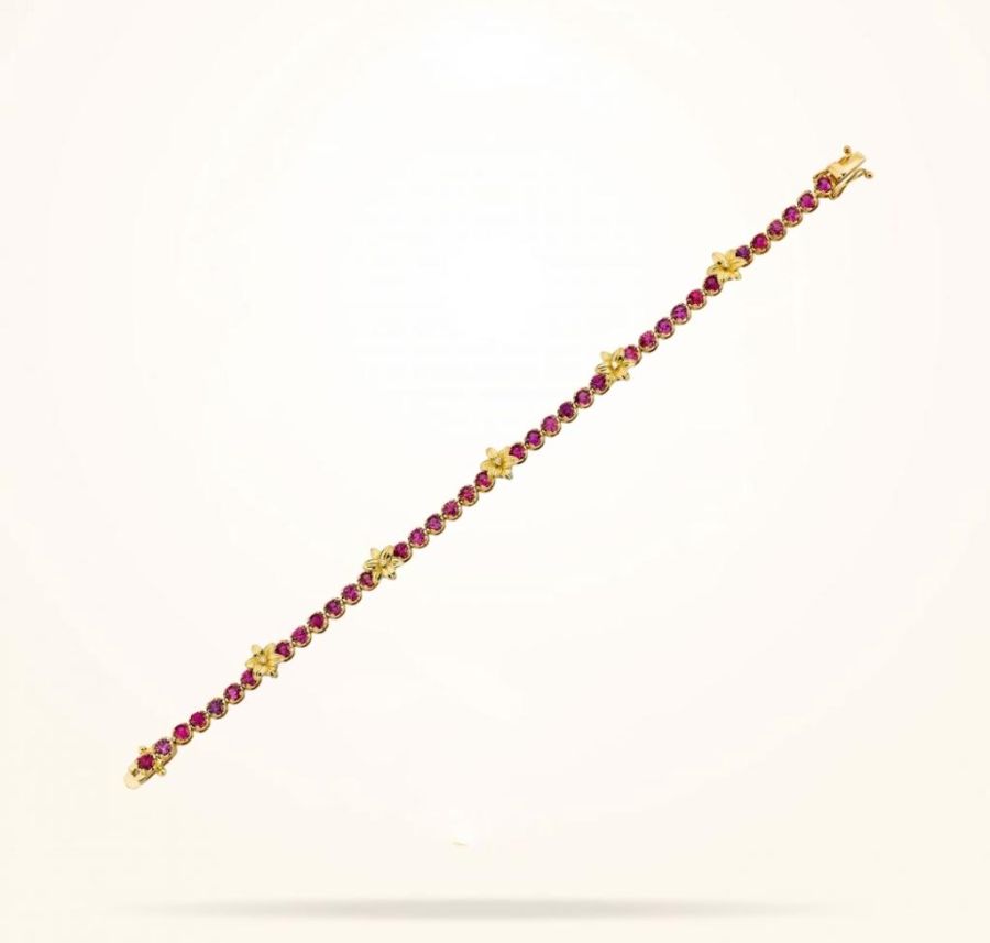 8mm Lily Bracelet, Ruby Stones, Diamond, Yellow Gold 18k.