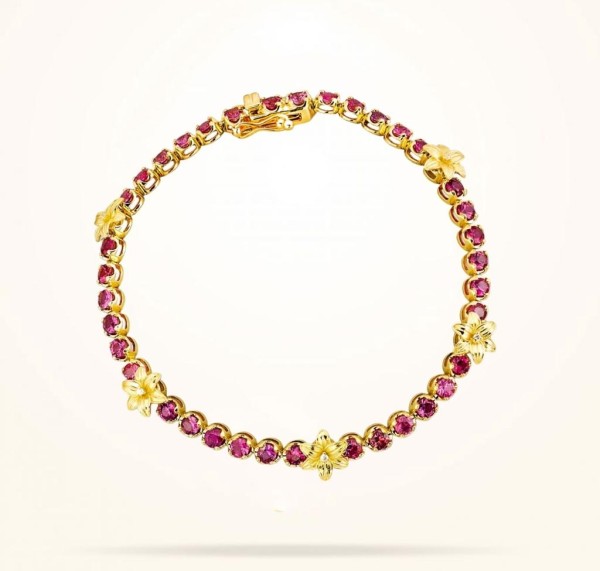 MARVVA - 8mm Lily Bracelet, Ruby Stones, Diamond, Yellow Gold 18k.