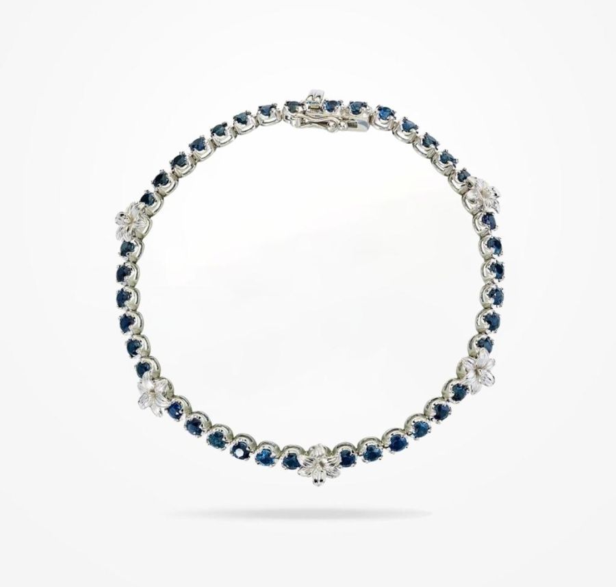 8mm Lily Bracelet, Sapphire Stones, Diamond, White Gold 18k.