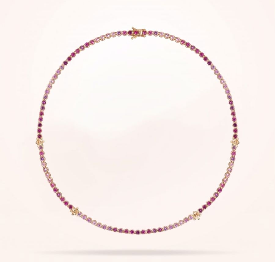 8mm Lily Necklace, Pink Sapphire Stones, Ruby Stones, Diamond, Rose Gold 18k.