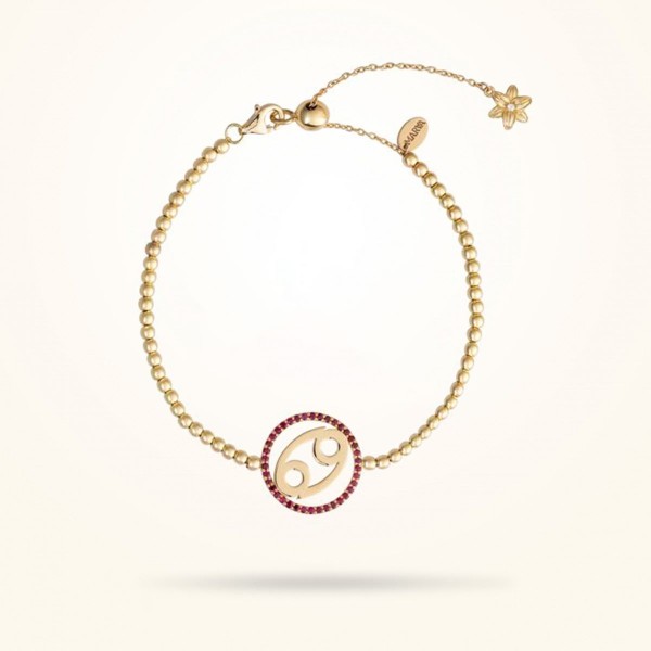 MARVVA - 8mm Lily Zodiac Cancer Bracelet, Ruby Stones, Diamond, Yellow Gold 18k.