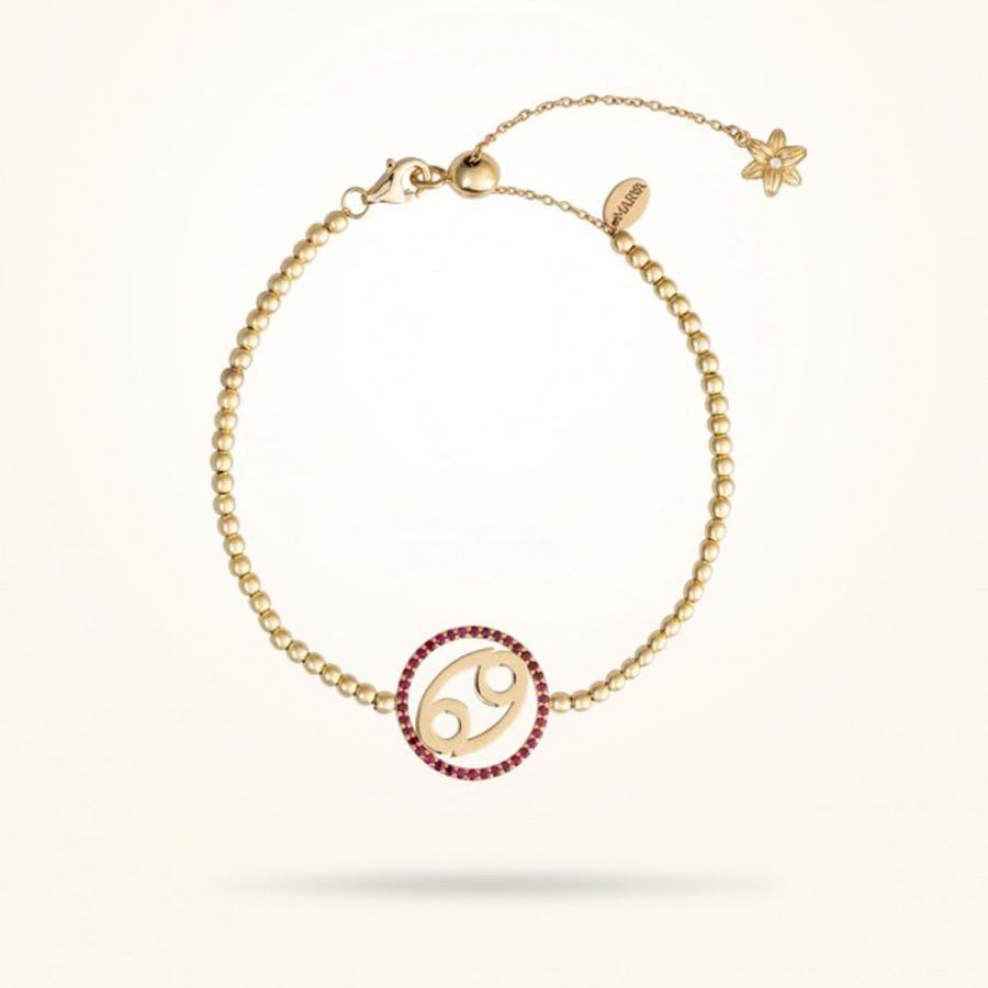 8mm Lily Zodiac Cancer Bracelet, Ruby Stones, Diamond, Yellow Gold 18k.