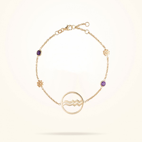 MARVVA - Aquarius Zodiac Daisy Bracelet with its Birthstone (Amethyst), Yellow Gold 18k.